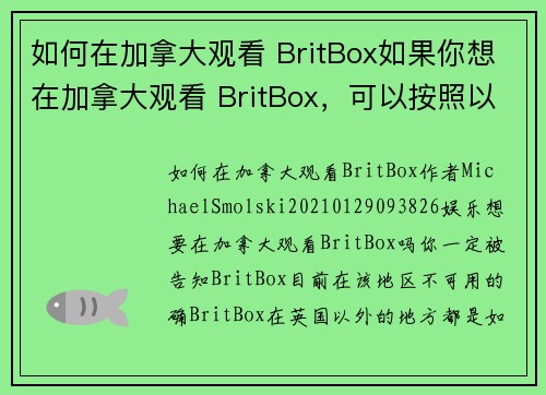 如何在加拿大观看 BritBox如果你想在加拿大观看 BritBox，可以按照以下步骤进行：